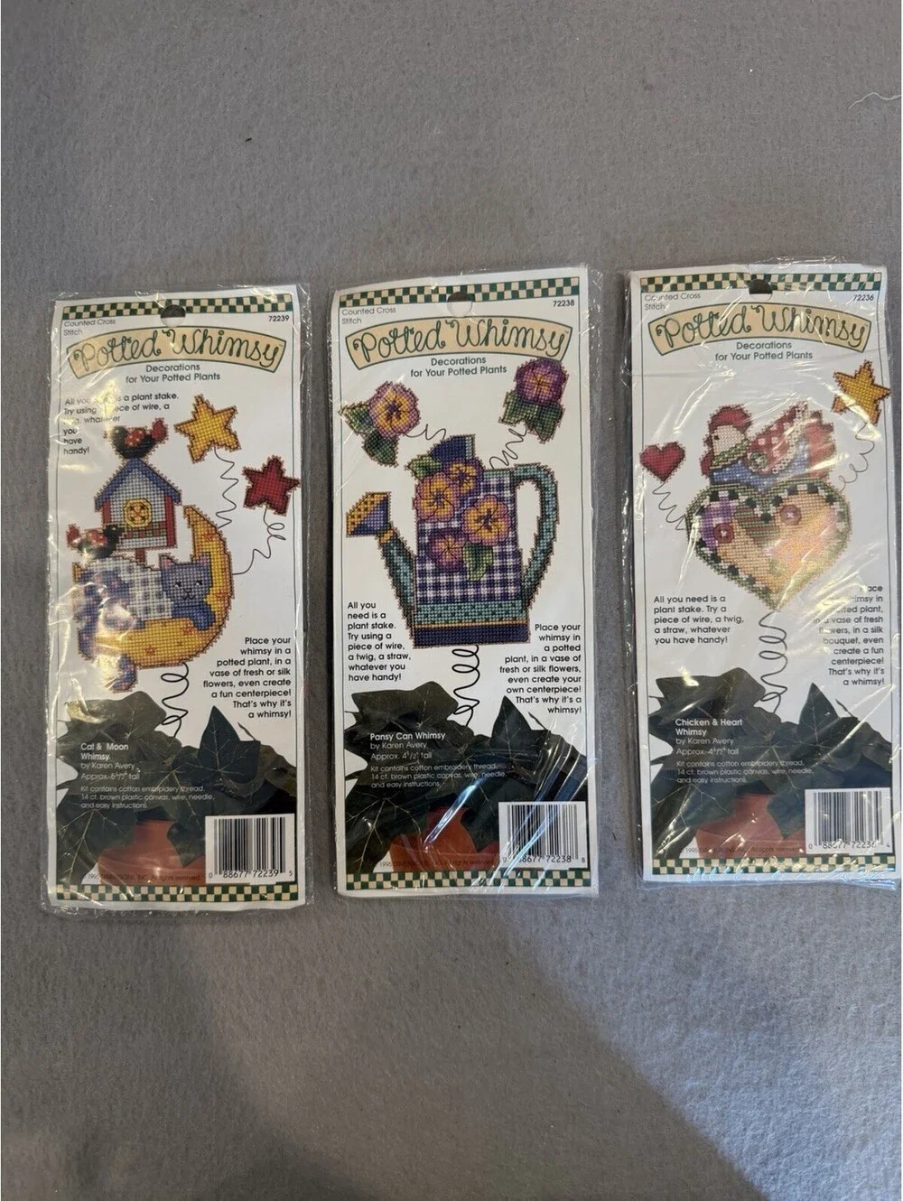 Vtg 1995 Dimensions Potted Whimsy Counted Cross Stitch Kits  Set Of 3 New